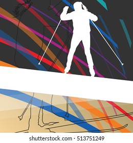 Women cross country skiing silhouettes in abstract line active outdoor sport vector background illustration