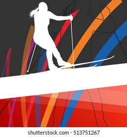 Women cross country skiing silhouettes in abstract line active outdoor sport vector background illustration