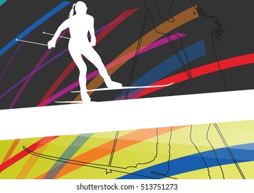 Women cross country skiing silhouettes in abstract line active outdoor sport vector background illustration