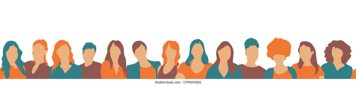 Women crowd horizontal seamless pattern. Community portrait and citizens. Horizontal repetitive pattern of beautiful stylish women, flat vector illustration on transparent background. EPS 10.