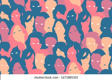 Women crowd seamless pattern. Vibrant vintage coloured repetitive vector illustration of women crowd. Women's Month, International Womens Day, Freedom, Independence, Equality. EPS 10.