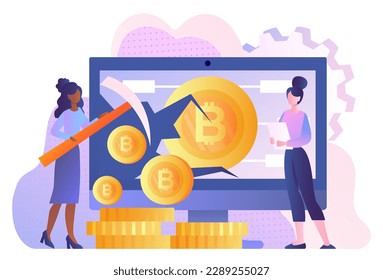 Women with cryptocurrency. Bitcoin and litecoin, blockchain technology. Investment and trading. Online earning and passive income. Digital money at virtual farm. Cartoon flat vector illustration
