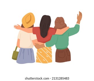 Women cuddling, best friends forever, isolated group of people hugging. Vector back view of girls raising hands up or greeting. Fashionable teenagers or adult having fun. Flat cartoon characters
