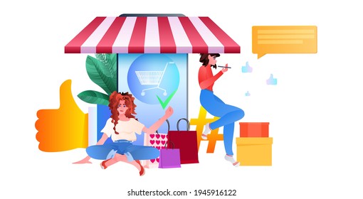 women customers with purchases using mobile app online shopping concept