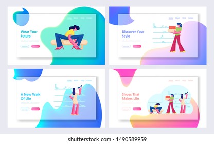 Women Customers Shopping in Shoe Market Website Landing Page Set. Girls Choose and Trying on Shoes in Footgear Store. Clients Fitting Footwear in Mall Web Page Banner. Cartoon Flat Vector Illustration