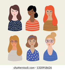 Women cute avatar and portrait set. Childish print for cards, templates, stickers and banners.