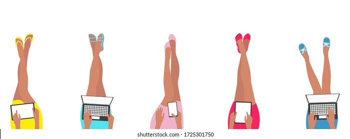 women in cute colourful short skirts legs sitting with shoes on feet hands using laptop computer smartphone and tablet relaxed remote work from home concept