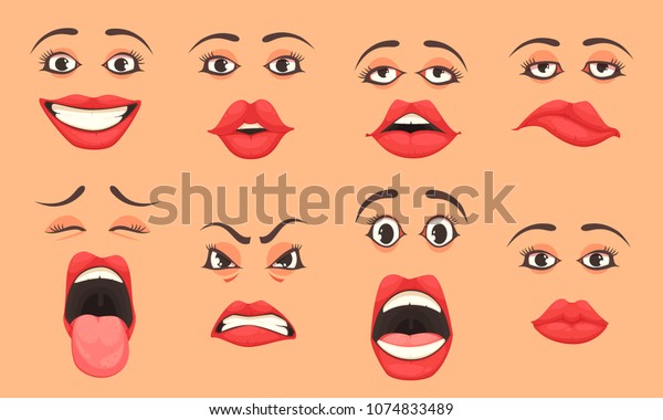 女性のかわいい口唇の目の表情ジェスチャー 驚きの幸福悲しみの漫画セットベクターイラスト のベクター画像素材 ロイヤリティフリー