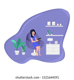 Women Cute Play Table On Sofa Purple Flat Style Background