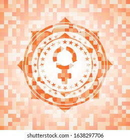 women cycle icon inside abstract orange mosaic emblem