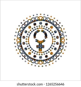 women cycle icon inside arabesque style emblem. arabic decoration.