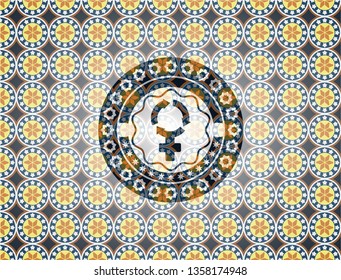 women cycle icon inside arabesque badge. arabic decoration.