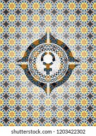 women cycle icon inside arabic emblem. Arabesque decoration.