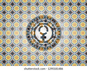 women cycle icon inside arabic badge background. Arabesque decoration.