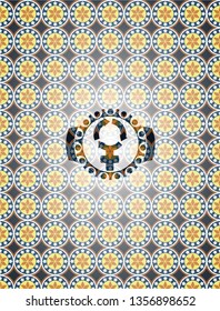 women cycle icon inside arabic badge background. Arabesque decoration.