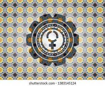 women cycle icon inside arabic badge background. Arabesque decoration.