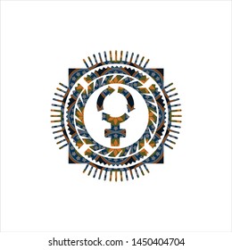 women cycle icon inside arabic emblem background. Arabesque decoration.