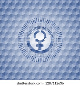 women cycle icon inside blue emblem or badge with abstract geometric pattern background.