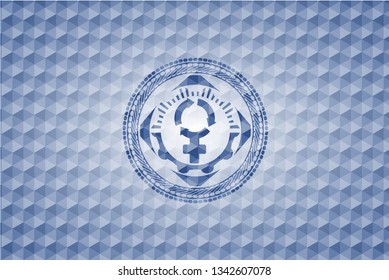 women cycle icon inside blue badge with geometric background.