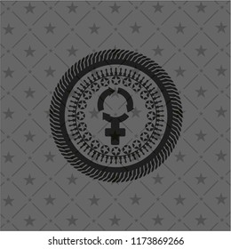 women cycle icon inside dark badge or emblem