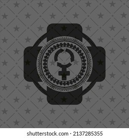 women cycle icon inside dark emblem. Retro. 