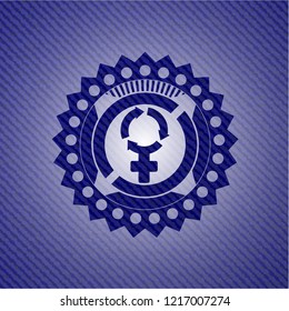 women cycle icon inside emblem with jean background