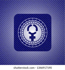 women cycle icon inside emblem with denim high quality background