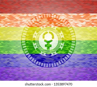 women cycle icon inside emblem on mosaic background with the colors of the LGBT flag