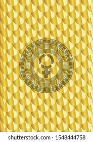 women cycle icon inside gold shiny badge. Scales pattern. Vector Illustration. Detailed.