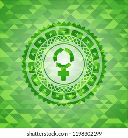 women cycle icon inside green emblem with mosaic background