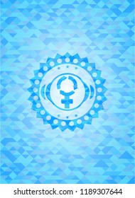 women cycle icon inside light blue emblem with mosaic ecological style background