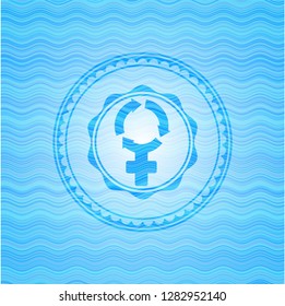 women cycle icon inside light blue water wave badge background.
