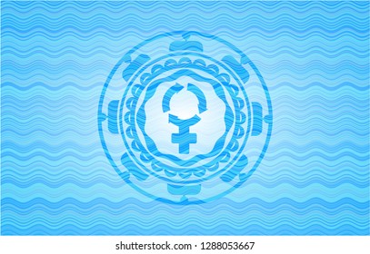 women cycle icon inside light blue water style emblem.