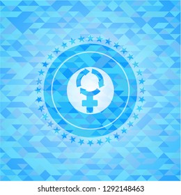 women cycle icon inside light blue emblem. Mosaic background