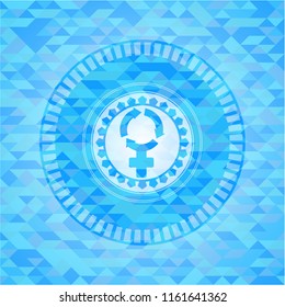 women cycle icon inside realistic sky blue emblem. Mosaic background