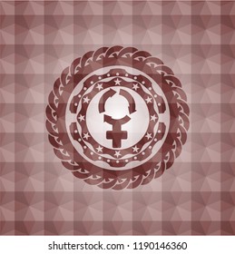 women cycle icon inside red geometric pattern emblem. Seamless.