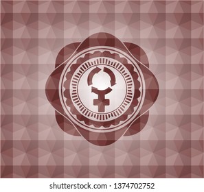 women cycle icon inside red emblem with geometric pattern. Seamless.