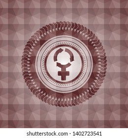 women cycle icon inside red seamless emblem with geometric background.
