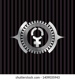 women cycle icon inside silver emblem or badge