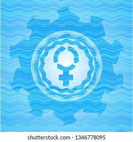 women cycle icon inside sky blue water emblem background.