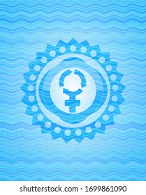 women cycle icon inside sky blue water badge.