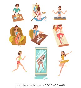 Women Daily Activities Set, Girl Cooking, Painting, Meditating, Knitting, Playing Solitaire, Reading, Running, Dancing Vector Illustration