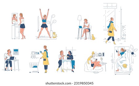 Women daily life set. Routine and habits of girl. Female character brushes teeth, does yoga, works in office, buy groceries and do beauty treatments. Linear flat vector isolated on white background