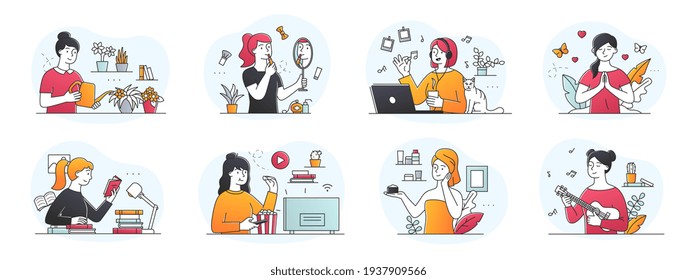 Women Daily Routine concept. Modern young girl enjoying different activities at home listening to music, playing ukulele, applying makeup, reading a watching TV, outlined colored vector illustration