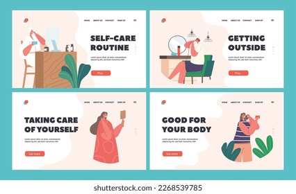 Women Daily Routine Landing Page Template Set. Young Female Characters Hygiene front of the Mirror. Girl Comb Hair, Apply Facial Mask, Rouge, Curl Hair, Dress On at Home. Cartoon Vector Illustration