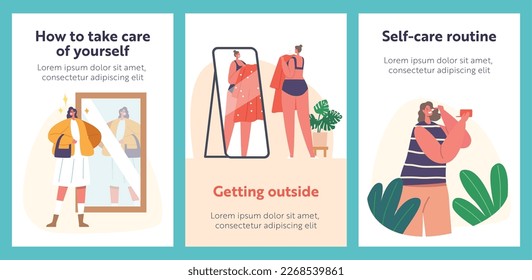 Women Daily Self-care Routine Cartoon Banners. Young Female Characters Hygiene Procedures front of the Mirror. Girl Rouge, Dress On and Use Cosmetics Makeup. Vector Illustration, Posters