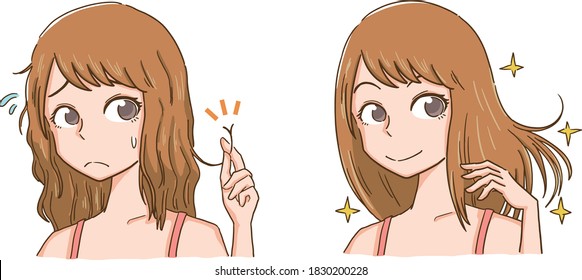 Mujeres con el pelo dañado y mujeres con el pelo hermoso