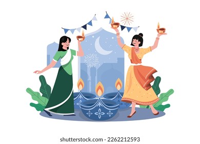 Women Dance With Light Diyas Diwali Lamps At Night