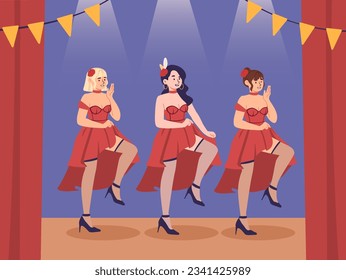 Women dance at scene concept. Young girls at red dresses in stage. Theater and cultural leisure. Hall wth curtains. Choreography and active lifestyle. Cartoon flat vector illustration