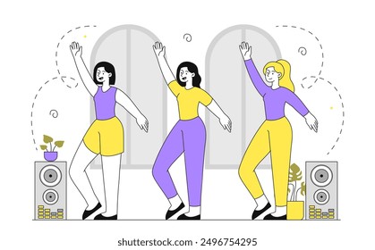 Women in dance school. Young girls dancing together indoors. Hobby and leisure, active lifestyle. People practicing in studio. Linear vector illustration isolated on white background